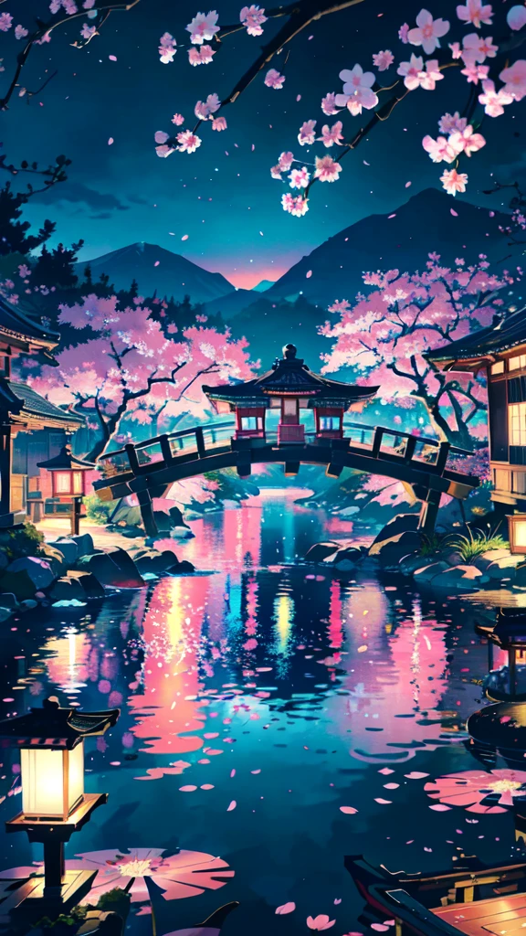 "Create a vibrant scene of a cherry blossom festival during twilight, featuring a character in a traditional kimono. The character should be standing under a canopy of pink blossoms, with lanterns gently glowing around them. The background should showcase a serene park with a small pond reflecting the blossoms and lantern light, reminiscent of the art style from Your Name."