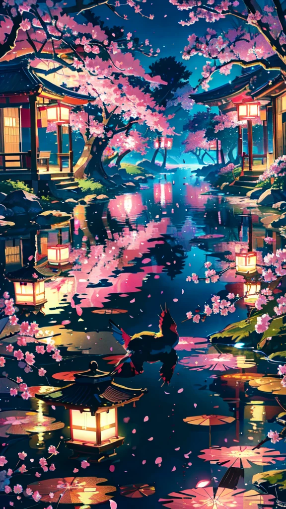 "Create a vibrant scene of a cherry blossom festival during twilight, featuring a character in a traditional kimono. The character should be standing under a canopy of pink blossoms, with lanterns gently glowing around them. The background should showcase a serene park with a small pond reflecting the blossoms and lantern light, reminiscent of the art style from Your Name."