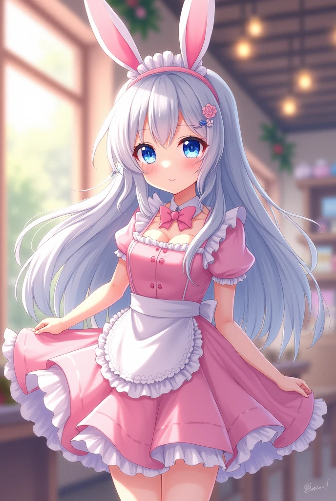Anime girl kawaii with white long hair blue eyes bunny ears and pink maid uniform