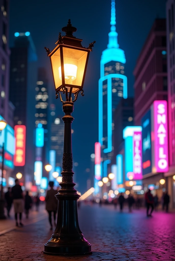 Street lamp and a neon-lit city behind it