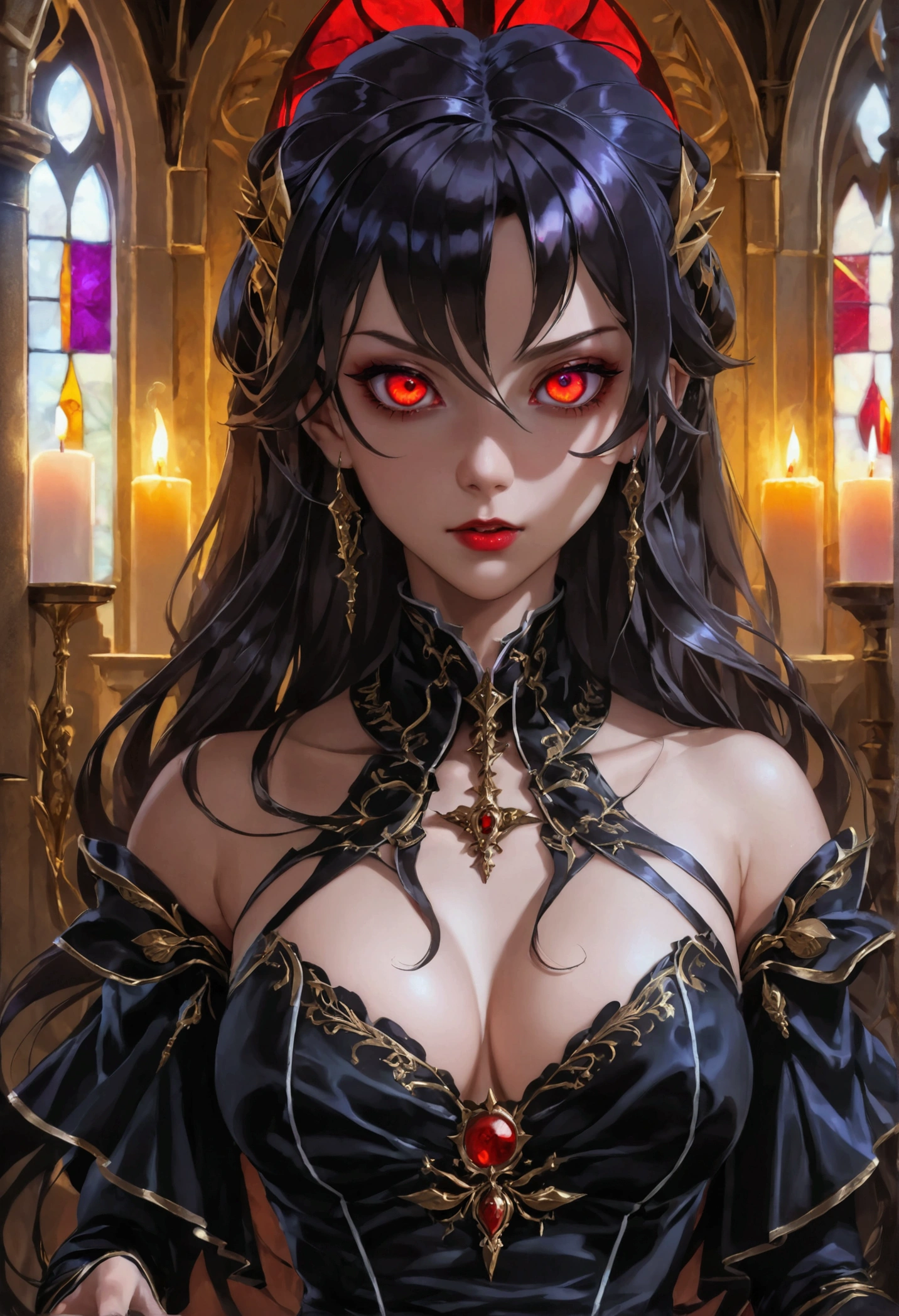 Arafed, dark fantasy art, glamour shot, award winning shot, photorealistic, a portrait of a female vampire drinking a ((glass of blood)), dynamic hair color, dynamic hair style , long hair, red lips, (glowing eyes: 1.5), dynamic eye color, dynamic color, she wears, an elegant (black dress: 1.5), catholic church and altar background, bar background, 16k, ultra detailed, masterpiece, best quality, (extremely detailed), rpg portrait, art by mooncryptowow, photograph