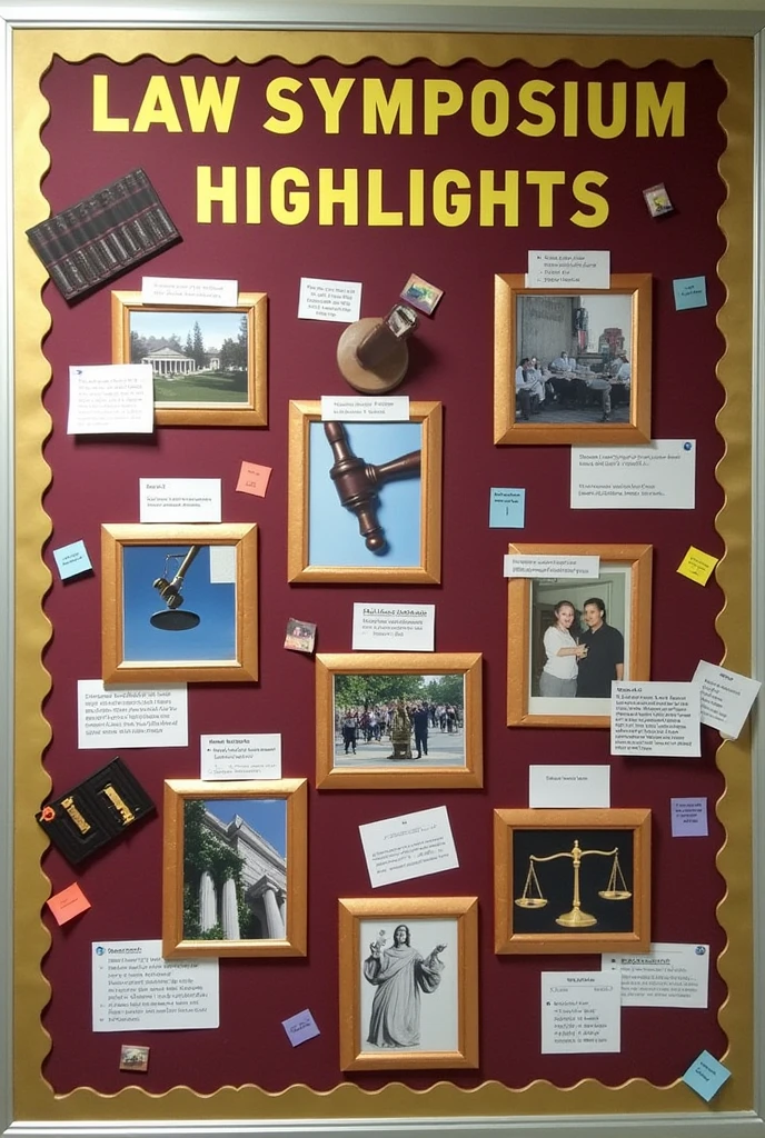 Create a bulletin board design for a school law symposium. At the top center, place a large, bold title saying 'Law Symposium Highlights' in a contrasting color like gold or white. Arrange various pictures related to the symposium in a grid or dynamic collage format with rectangular or square frames bordered in gold or burgundy. Include small white or gold cards with brief descriptions or captions below or beside each picture. Add Scatter small cutouts of gavels, legal books, or scales of justice around the pictures. Feature notable quotes or key takeaways on colored paper or sticky notes in elegant fonts. Add a side section for an event timeline or schedule with a different background color. The board should not be too cluttered and should be spacious. The board will be decorates using paper printouts only so suggest accordingly. The frames of the pictures will be made from chart paper. Add less text. It should not be in paragraphs. There will be more pictures and less text