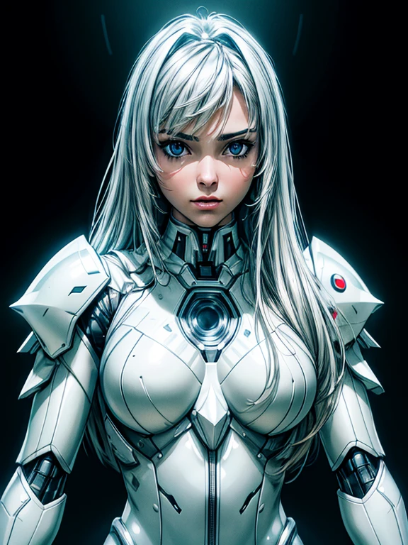 masterpiece, best quality, ultra realistic, hyper-detailed, 8k resolution, RAW photo, sharp focus, (1girl), solo, gorgeous face, perfect body, teen female, 15yo,  portrait, mecha, white armor, nanosuit, sexy, messy hair, cinematic, cinematic light, dark theme