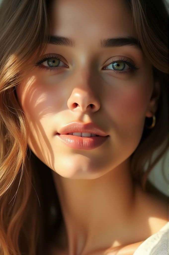"A close-up of the woman's face, showing serenity and peace, her expression soft and reflective, with a gentle light illuminating her."