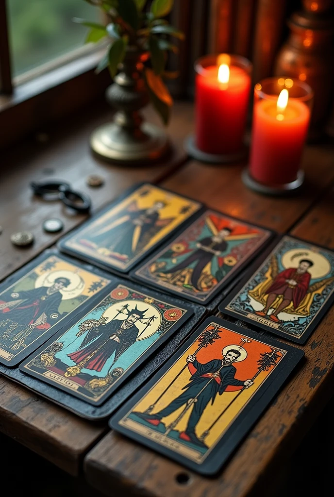 On a wooden table, You got tarot deck infront of it 5 tarot cards that shoes the following : Yhe devil "upright", The emperor "reversed", Pahe of wand "reversed", Eight swords "reversed", Two wands "upright and finally The devil " upright tarot cards