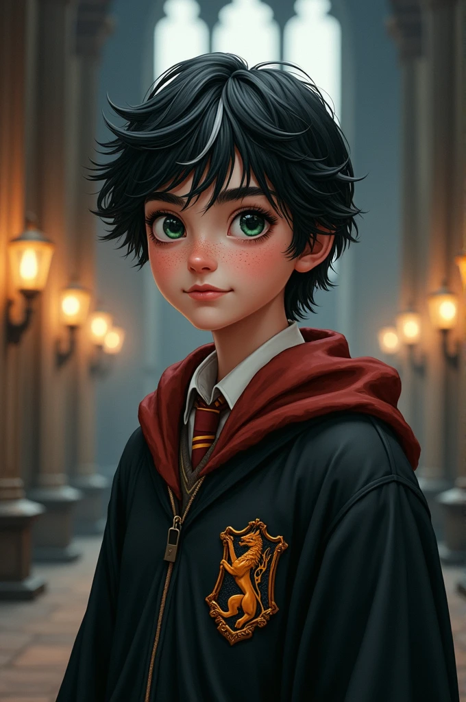 A teenage boy with medium-length, wavy black hair with a white streak (poliosis), a square-shaped face with cool-toned skin, freckles, and slightly full lips. His lips and nose have a slightly rosy hue. The boy has green eyes and thick black eyebrows. He is dressed in Hogwarts robes from a house with a fox logo. The image is in a realistic style.