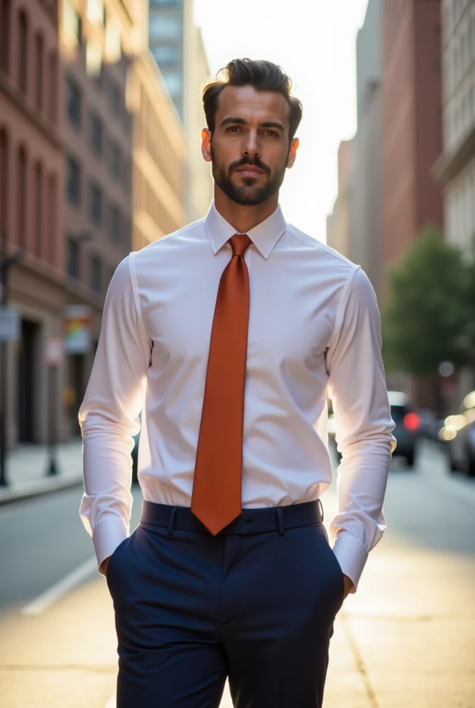 Man in long-sleeved pastel white shirt, terracotta tie and navy blue pants