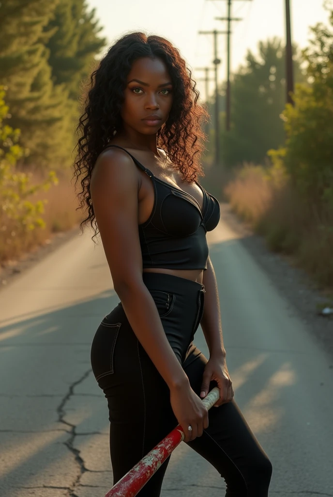 A beautiful 21-year-old woman holding a bloody baseball bat. She has green eyes and is wearing a tight black tank top with a visible bra and black jeans with a belt. She is dark-skinned, has a big round butt and big breasts, and a curvy waist. She is standing on a deserted and abandoned road. Real photo, best quality, best lighting 