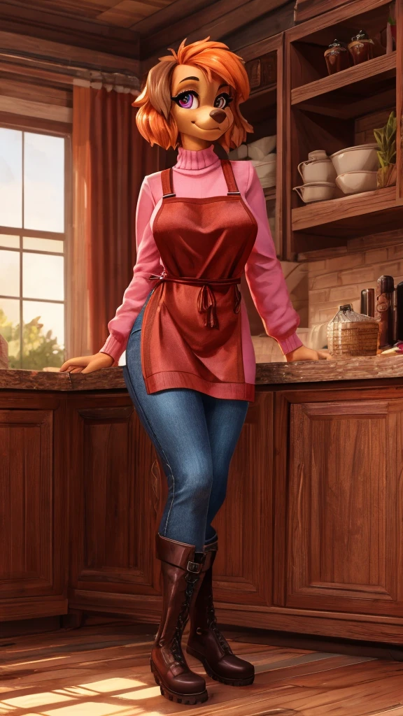 Skye from Paw Patrol, anthro, female cockapoo, mature adult, red sweater with apron, pants, boots, house interior, tall female, flowy orange hair, magenta eyes, curvy, detailed, solo, beautiful, high quality, full body, 4K