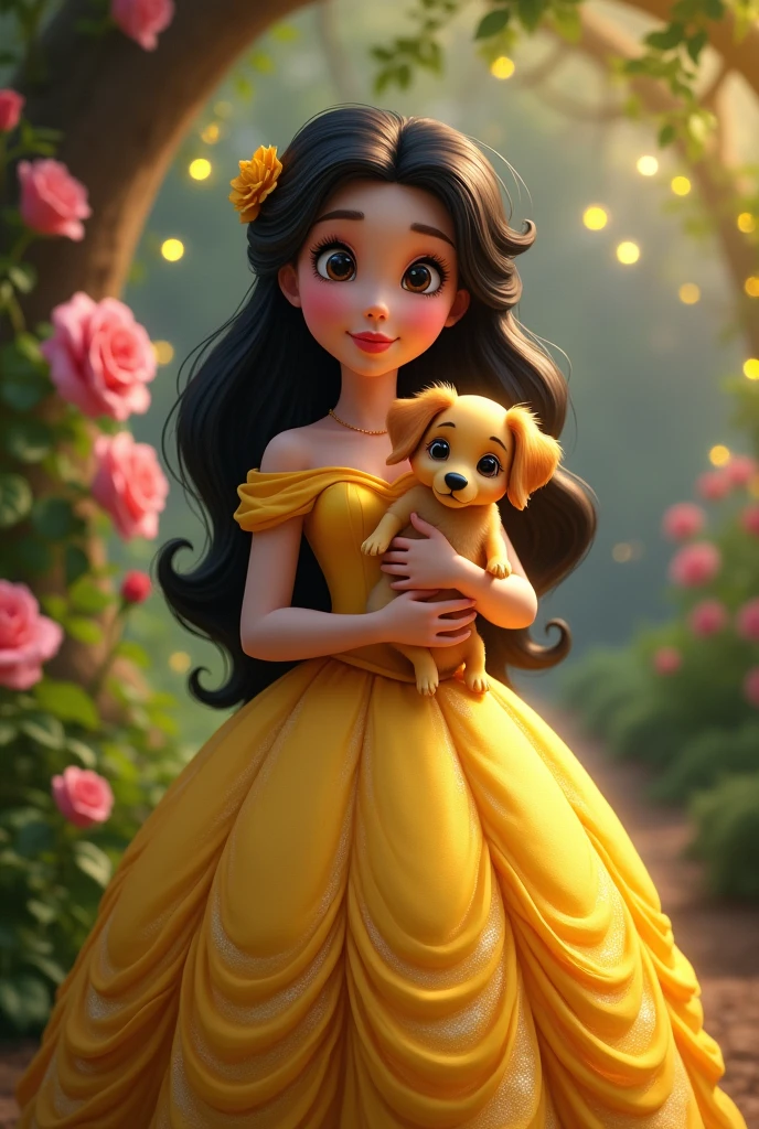 Create an image of Belle from the fairy tale Beauty and the Beast with a baby face and black hair. , dark shaped eyes, pink lips, She is wearing a yellow dress and a puppy.