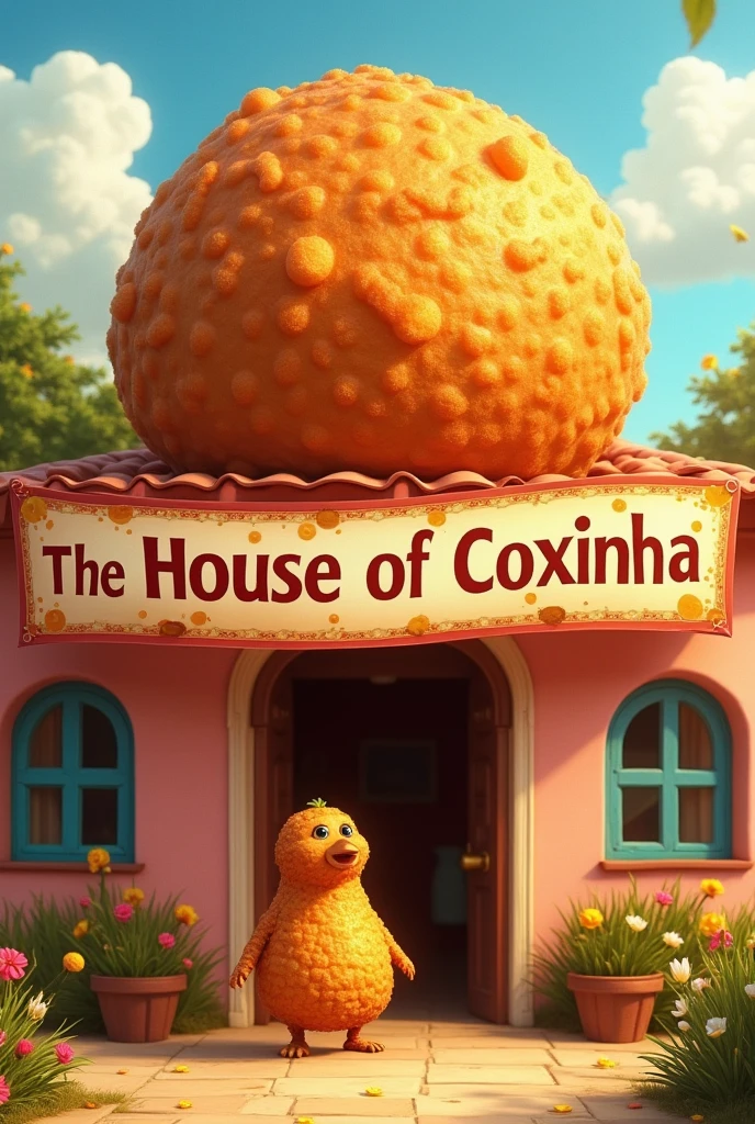 A super coxinha coxinha in front of a house with a banner that says "The house of coxinha", Small coxinha watching