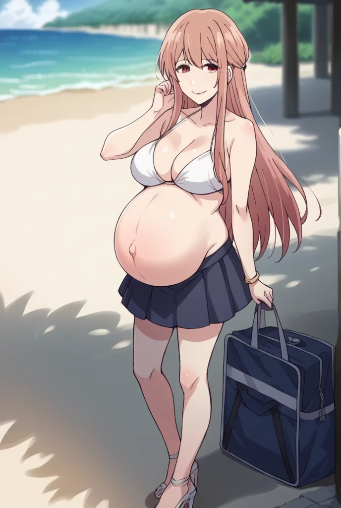 score_9, score_8_up, score_7_up, source_anime,
akaneminagawa, akane minagawa, long hair, bangs, brown hair, brown eyes, Big breasts,
Bikini, skirt, Heels, big belly, large belly, Beach, background, rubing belly, smile,
looking at viewer, cowboy shot, solo, pregnant, possing