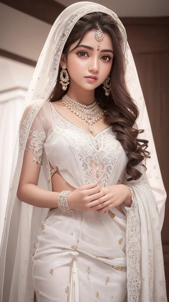 Beautiful Girl Wearing White embroidery Desainer Chudidar Suite Long Curly Hair.Diamond Earrings And Necklace.. Ultra HD Fully High Quality Image.. Deteling Face And.. Parfect Eyes And Body..High Quality 3d Image.. Luxury Background ..4k. 8k. Photo..1 girl.. Indian Girl.. cute girl.. 