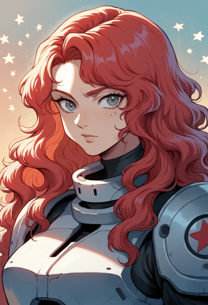 Anime girl. Soldier. Plated armor. Red hair. Long hair. Wavy hair. Grey eyes. Galactic soldier. Star background.