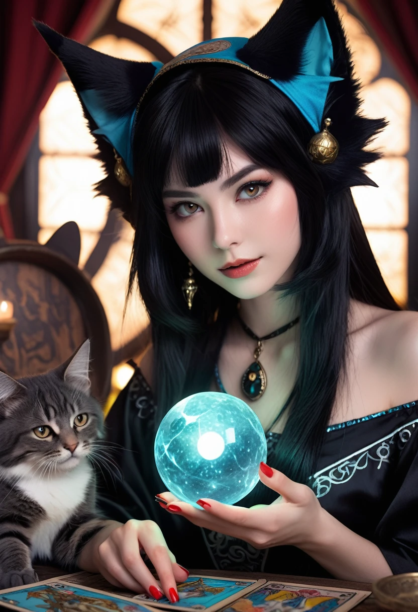 Monster Girl, Cat ear,20th Generation, fortune teller,Realistic Women, Black Hair,cute,Tarot reading
