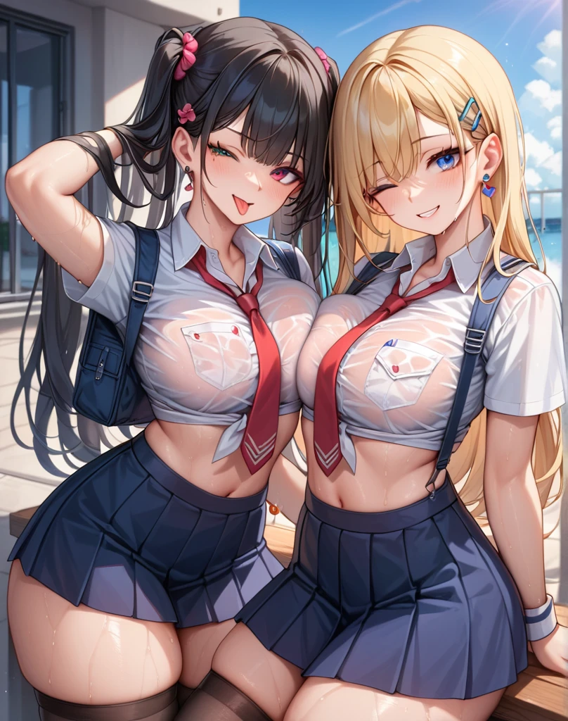 score_9,score_8_superior,score_7_superior,score_6_superior,score_5_superior,score_4_superior 、8k, artist shigureui style,Two cute Japanese high school girls,The main female protagonist of the anime、excessive skinship、Blonde Hair Color、Black hair color、Long Hair、Extending a fleshy tongue, A wink with one eye closed、tits, Sweaty high school girl&#39;s sailor uniform,superiorから、 living、Hot Temperatures、sweating