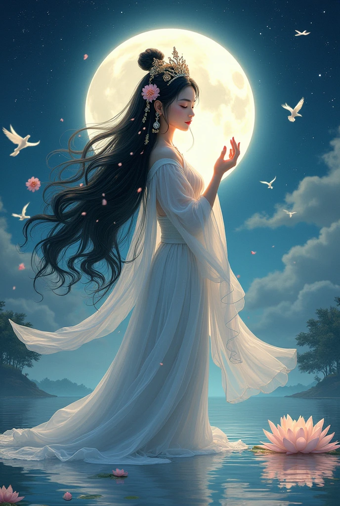 (masterpiece,Highest quality,,8k,High resolution),One female,,Beautiful Face,Beautiful Face,Beautiful eyes,Beautiful lips,Compassionate Mother Kannon,Black Hair,look back,,Wave,,Standing on the surface of the water,,flower,bird,,moon,,A bright night with stars visible,jewelry,Holding,Long sleeve,Veil,necklace,Lotus,Long Hair,dress,(whole body),Highly detailed CG,