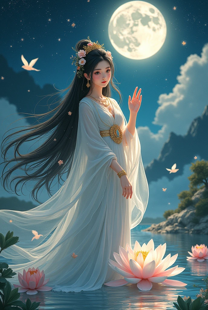 (masterpiece,Highest quality,,8k,High resolution),One female,,Beautiful Face,Beautiful Face,Beautiful eyes,Beautiful lips,Compassionate Mother Kannon,Black Hair,look back,,Wave,,Standing on the surface of the water,,flower,bird,,moon,,A bright night with stars visible,jewelry,Holding,Long sleeve,Veil,necklace,Lotus,Long Hair,dress,(whole body),Highly detailed CG,