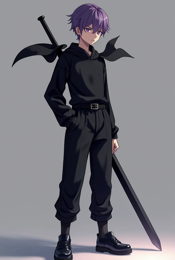 Anime style, 16k, highres, best quality, high quality, super detail, high details, accurate, masterpiece, UHD, 1male, solo, teenager boy, violet pupils, wide black t-shirt with long sleeves, black pants with black belt, black shoes, black cape, short violet hair, angry look, calming standing, closed mouth, full body focus, look on viewer, all black long sword on back,
