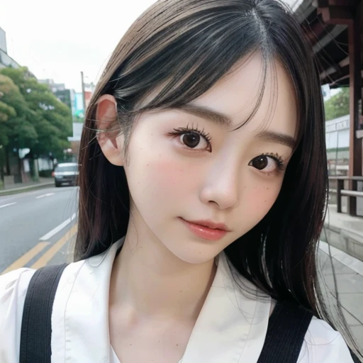 ((Cute 15 year old Japanese))、on the road、Highly detailed face、Pay attention to the details、double eyelid、Beautiful thin nose、Sharp focus:1.2、Beautiful woman:1.4、Cute Hairstyles、Pure white skin、Highest quality、masterpiece、Ultra-high resolution、(Realistic:1.4)、Highly detailed and professional lighting、nice smile、Japanese school girl uniform