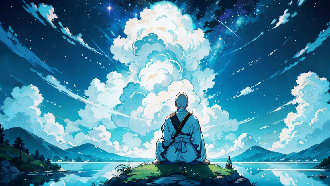 Viral anime nature wallpaper in 4K quality, in the style of ghibli, in the perfect center of the composition: we from the back 1 man shaolin bald monk is sitting, meditating at the top of an immense mountain rock; only 1 water lake is all around; fluffly cotton clouds and shining stars in the night sky; ethereal cosmos lights in the sky; meditative atmosphere; peaceful colors