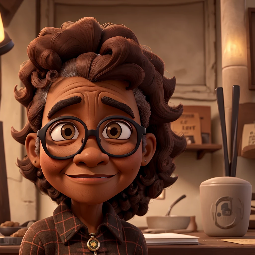 A face of a old mince black lady wering a glasses with large brown hair