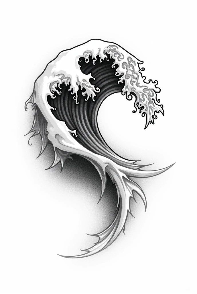 Create a tattoo decal design in blackwork and pointillism style, with thin traces of a sea wave 