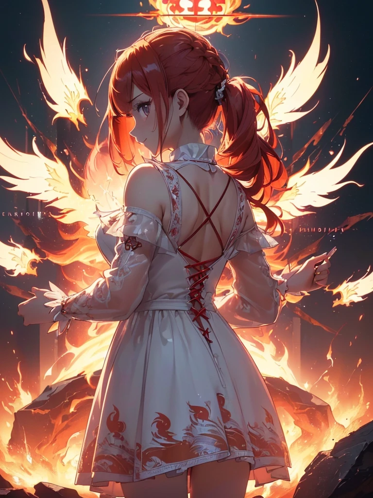 (((best quality, sharp image, clear image, cinematic lighting, 8k resolution, masterpiece, ultra detailed, intricate))) Girl, (((looking over left shoulder))), (shot from behind), ((half shot)), fiery red hair, pigtails, ((white dress)), ((flaming sigils, flaming runes)), spiky rock formations, (flaming lotus flowers frame), (intricate background), ((Phoenix)), (swirling flames), smiling