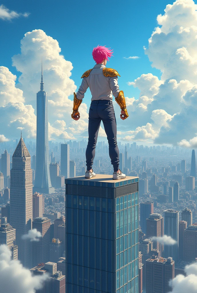 A man standing with pink hair, on top of a building, using two golden gauntlets, with a hint of manhwa