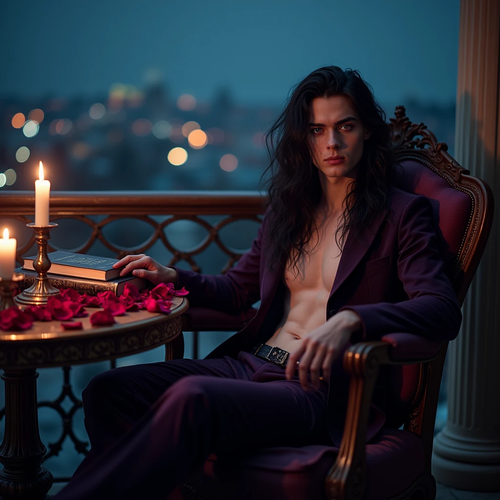 Male, sexy, long black hair, teal blue eyes, young, gothic, delicate features, no facial hair, no body hair, seductive, white and pale. sitting in a chair on a candle-lit veranda overlooking a Russian city at night. Roses. Sexy pose. Purple and black. Sexy. Sexy pose. Seductive. Sensual. Long eyelashes. Big bulge in his pants. No facial hair. Pretty face. Thick legs. Sexy pose. Fyodor dostoevsky books on the table. Man. Male.