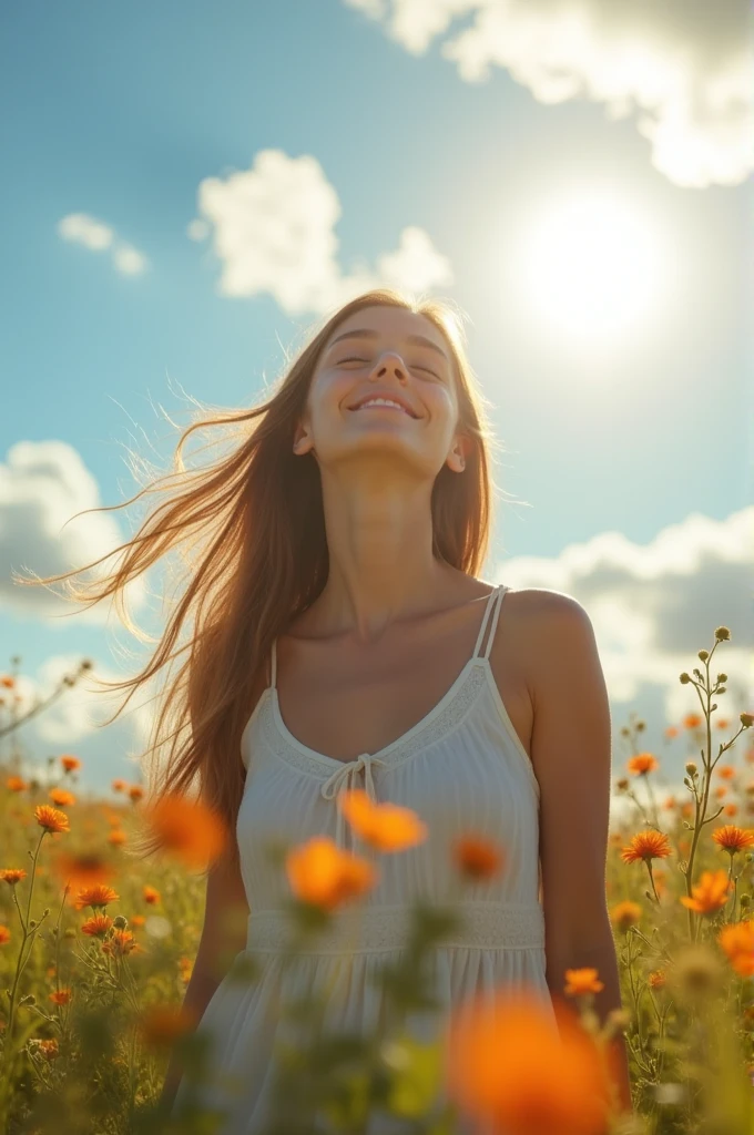The woman looking up at the sky with a small smile, sunlight warmly framing her face, symbolizing spiritual fulfillment and divine connection."