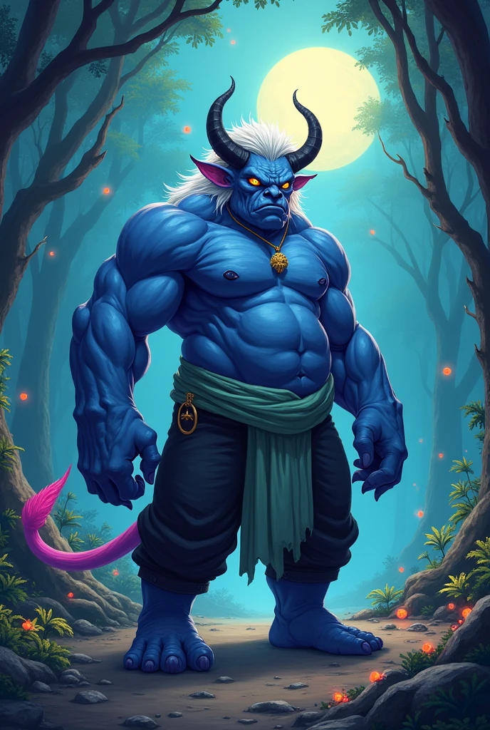 Species: Oni
Appearance:
Skin Color: Deep Blue
Hair: Short, disheveled, and white
Horns: Black and curved
Eyes: Bright yellow with slitted pupils
Ears: Pointed and purple
Tail: Long, pink with an arrow-shaped tip
Clothing: Black pants and a light green sash around the waist
Accessories: Gold hoop earring in the right ear
Fat oni,BBW,huge Belly, Overweight,Weight gain,huge chest,huge ass