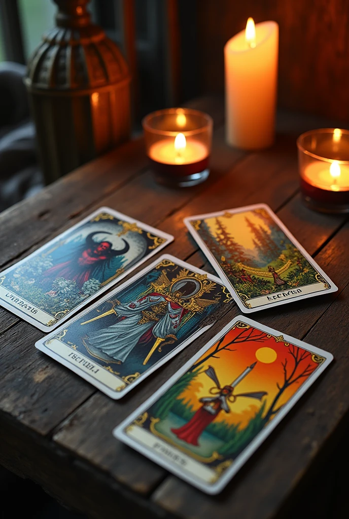 On a wooden table, You got tarot deck infront of it 5 tarot cards that shoes the following : Yhe devil "upright", The emperor "reversed", Pahe of wand "reversed", Eight swords "reversed", Two wands "upright and finally The devil " upright tarot cards