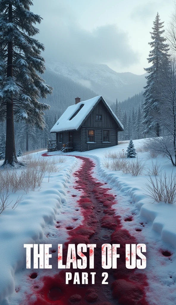 (Highest quality, HDR, 8k, High resolution, Ultra detailed, Masterpiece:1.2), Photo realistic, Movie cover for Last of us game, View from the top of a snowed hill, above a wooden cottage, a blood path lead to the cottage below, the closest the path is to the cottage the more blood there is, ((On the bottom write "The Last of us - Part 2" in huge white letters stained with blood))
