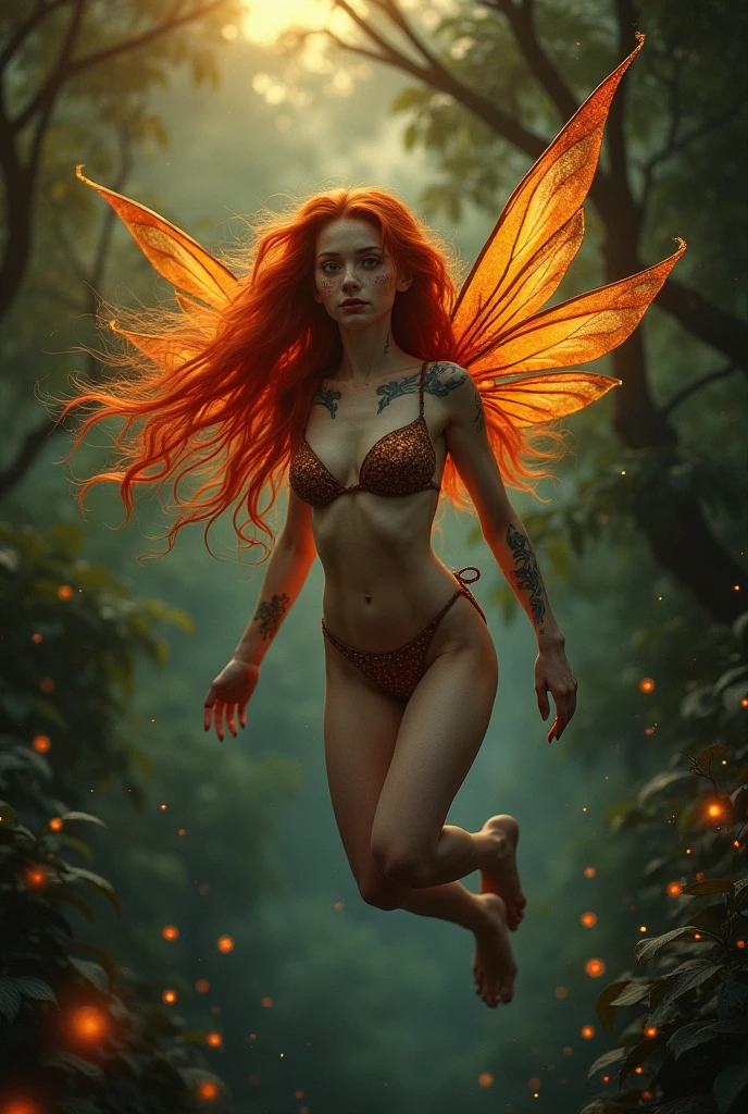 A fire dark pixie almost naked with really long red hair and really white skin with freckles all over her body and big gray eyes and fairy wings with a bronze bikini and tattoos all over her body