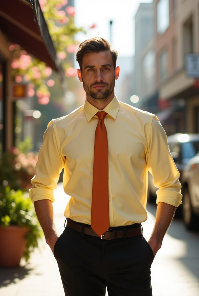 Man with a pastel yellow long-sleeved shirt, terracotta tie and black pants