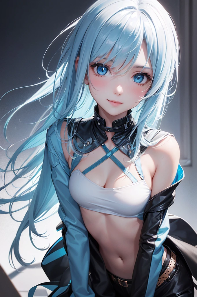 Best Quality,High resolution,8k,(plain white background, no patterns, no textures, just a plain white background:1.3),Masterpiece:1.2),beautiful girl,Shiny light blue hair,messy hair,Light blue eyes,A girl wearing a black leather jacket with metal studs, ripped jeans, and a band T-shirt, embodying a rebellious rock style,Gentle look,A refreshing look,smile,Best quality,Best Quality,Aesthetic and aesthetic:1.2,Best details((Super detailed))(High-definition CG illustrations),Slender body,smile,blush,cute,Scrounge,Looking up,Being spoiled,super model