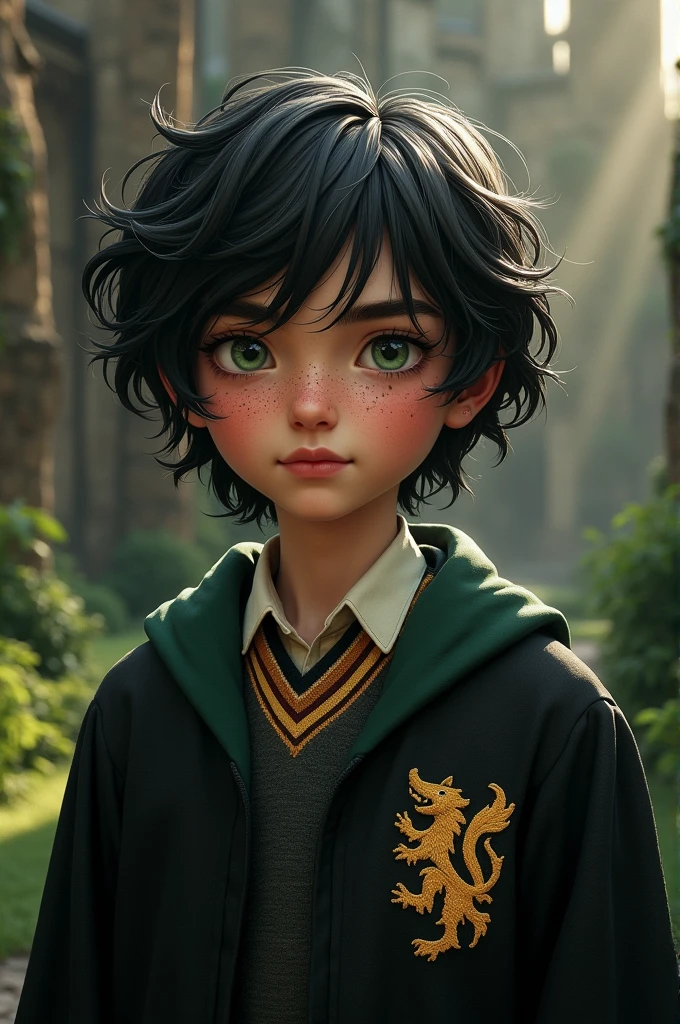 A  boy with medium-length, wavy black hair with a white streak (poliosis), a square-shaped face with cool-toned skin, freckles, and slightly full lips. His lips and nose have a slightly rosy hue. The boy has green eyes and thick black eyebrows. He is dressed in Hogwarts robes from a house with a fox logo. The image is in a realistic style.