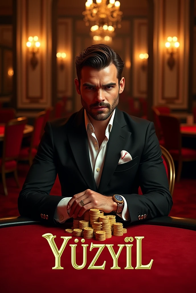 Create an avatar for a poker club. A channel for playing poker, targeting the Turkish audience. The name of the poker club "Yüzyıl" (translated as "Golden Age") should be present in the foreground. Use marketing tricks, techniques, triggers, so that a person from the picture would like to play in this club. Use a realistic luxury style. Give preference to gold, black and red colors