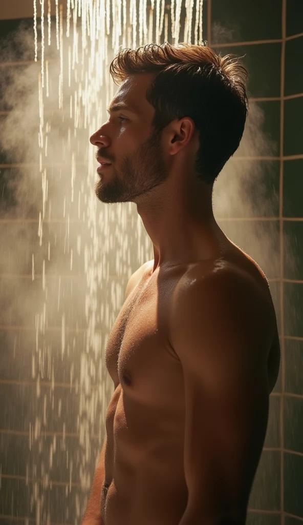 full shot, A naked man, tomando banho, full body image, with black eyes, chestnut hair, Average complexion, a sculpted chin and an upturned nose,