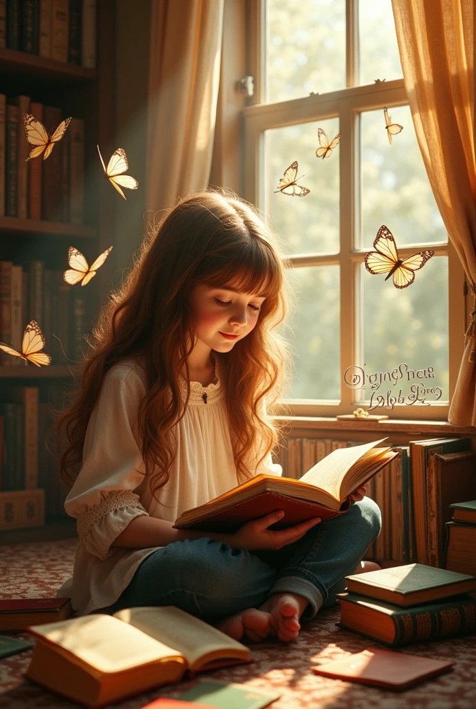 A girl reading, and beside them there are many books on the floor and flying, and that they have the written word
Love Between Letters