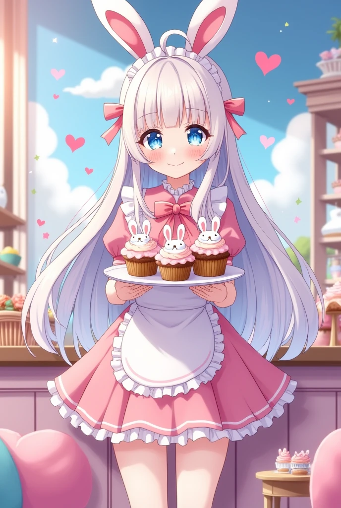 Anime girl kawaii with white long hair blue eyes bunny ears and pink maid uniform