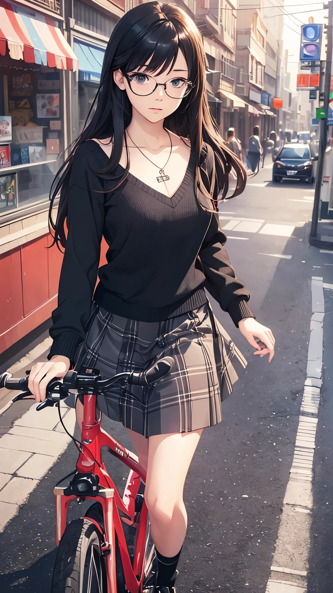 (highest quality,4K,8K,High resolution,table top:1.2), super detailed, (realistic,photorealistic,photo-realistic:1.37),((full body)), Unfortunate,Glasses,((black hair)), ((long hair)),((she's Riding a Bicycle2.0)),tight-design-sweater,maxi-length-long-skirt,necklace,shoes,beautiful and fine eyes, beautiful detailed lips, highly detailed eyes and face, long eyelashes, realistic anime 3D style, Smooth anime CG art, Digital rendering by Makoto Shinkai, Moe anime art style, photorealistic rendering of an anime girl, Shinkai Makoto style, Cute anime girl visuals, realistic young anime girl, girl fan art, Created by Anime Artist'studio of.
