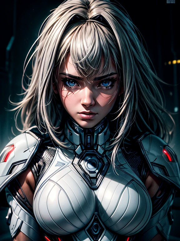 masterpiece, best quality, ultra realistic, hyper-detailed, 8k resolution, RAW photo, sharp focus, (1girl), solo, gorgeous face, perfect body, teen female, 15yo, portrait, mecha, white armor, nanosuit, sexy, messy hair, cinematic, cinematic light, dark theme