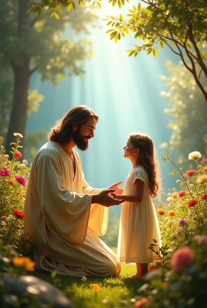 Create an image for me of Jesus blessing his daughter