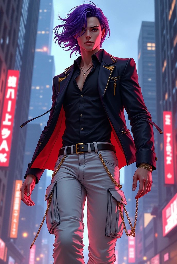make my character in the style of a Marvel comic book, my character he is a young man with medium length purple hair on his face has a small scar, don't make him whiny, wearing a black suit with gold and the bottom being red, wearing white cargo pants with a chain