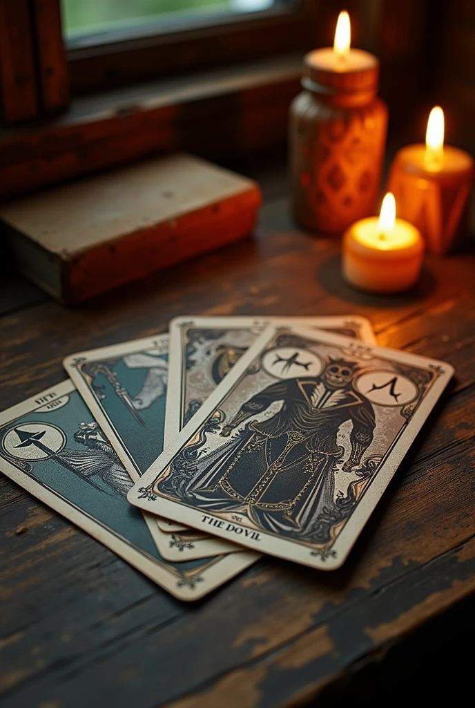 On a wooden table, You got tarot deck infront of it 5 tarot cards that shoes the following : Yhe devil "upright", The emperor "reversed", Pahe of wand "reversed", Eight swords "reversed", Two wands "upright and finally The devil " upright tarot cards