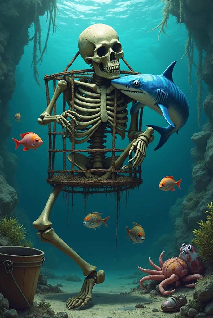 To create an image that matches your description, here’s the prompt:
"A detailed underwater scene featuring a skeleton trapped in a rusty old cage with one leg stuck. The skeleton looks fearful as a cute, playful shark playfully tugs at his leg. Nearby, a crab is trying to help the skeleton by pulling at the cage bars. Surrounding them, various underwater animals like colorful fish and a curious octopus watch the scene unfold. The seabed is littered with items like a broken iron bucket, old toe shoes, and other scattered debris, adding to the mysterious and eerie atmosphere of the underwater setting."
