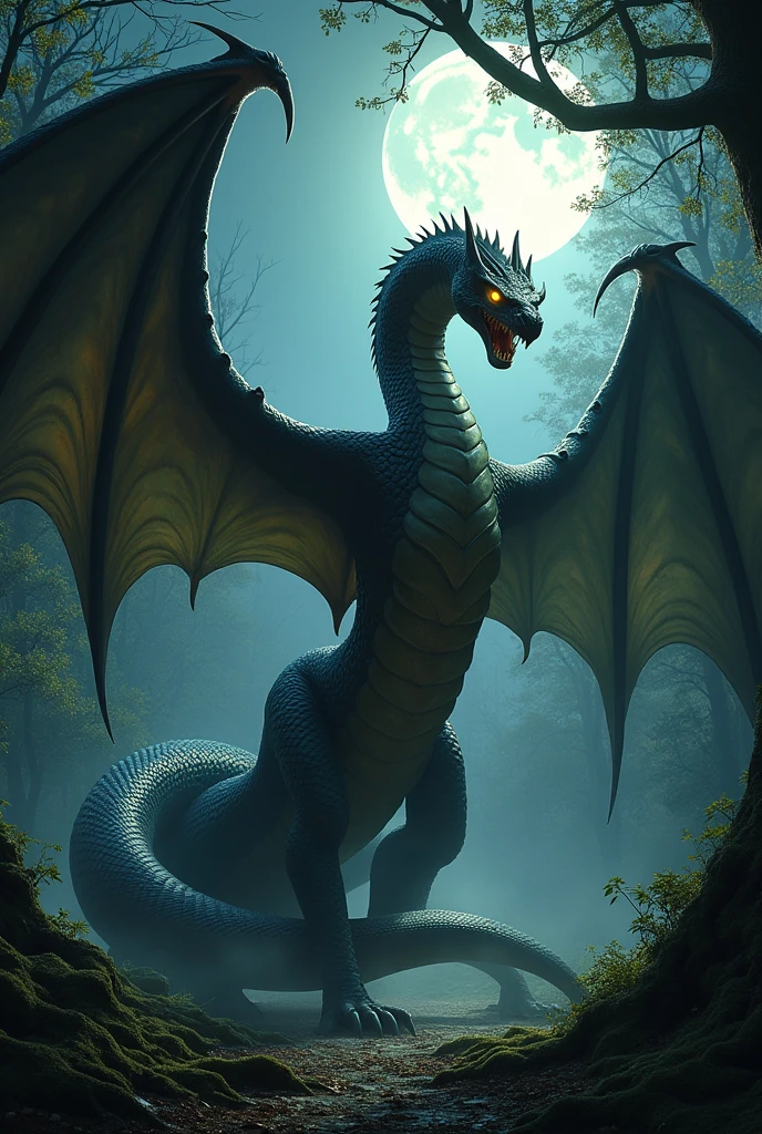 Height: Big and imposing, with a long and serpentine body.
head: It has the head of a viper, resembling that of the villain from Kung Fu Panda, with piercing eyes and sharp teeth.
cos: cos serpenteante e musculoso, covered in shiny scales. The wings are similar to those of a bat, long and membranous.