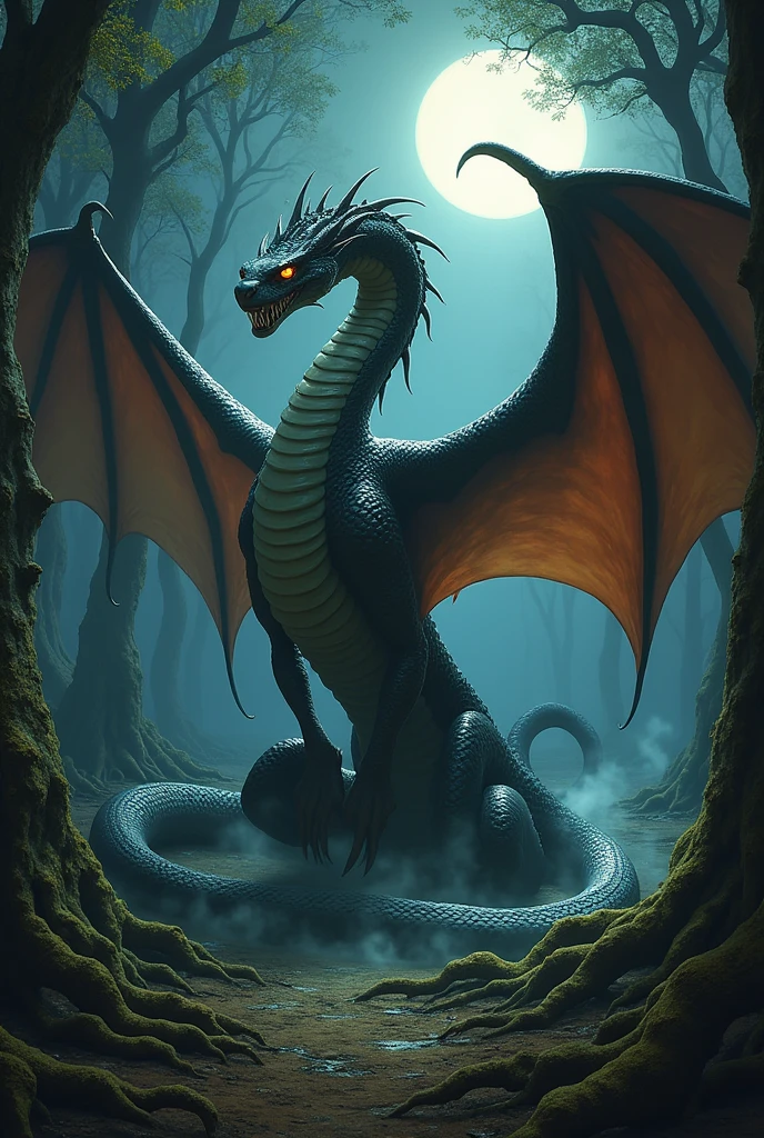 Height: Big and imposing, with a long and serpentine body.
head: It has the head of a viper, resembling that of the villain from Kung Fu Panda, with piercing eyes and sharp teeth.
cos: cos serpenteante e musculoso, covered in shiny scales. The wings are similar to those of a bat, long and membranous.